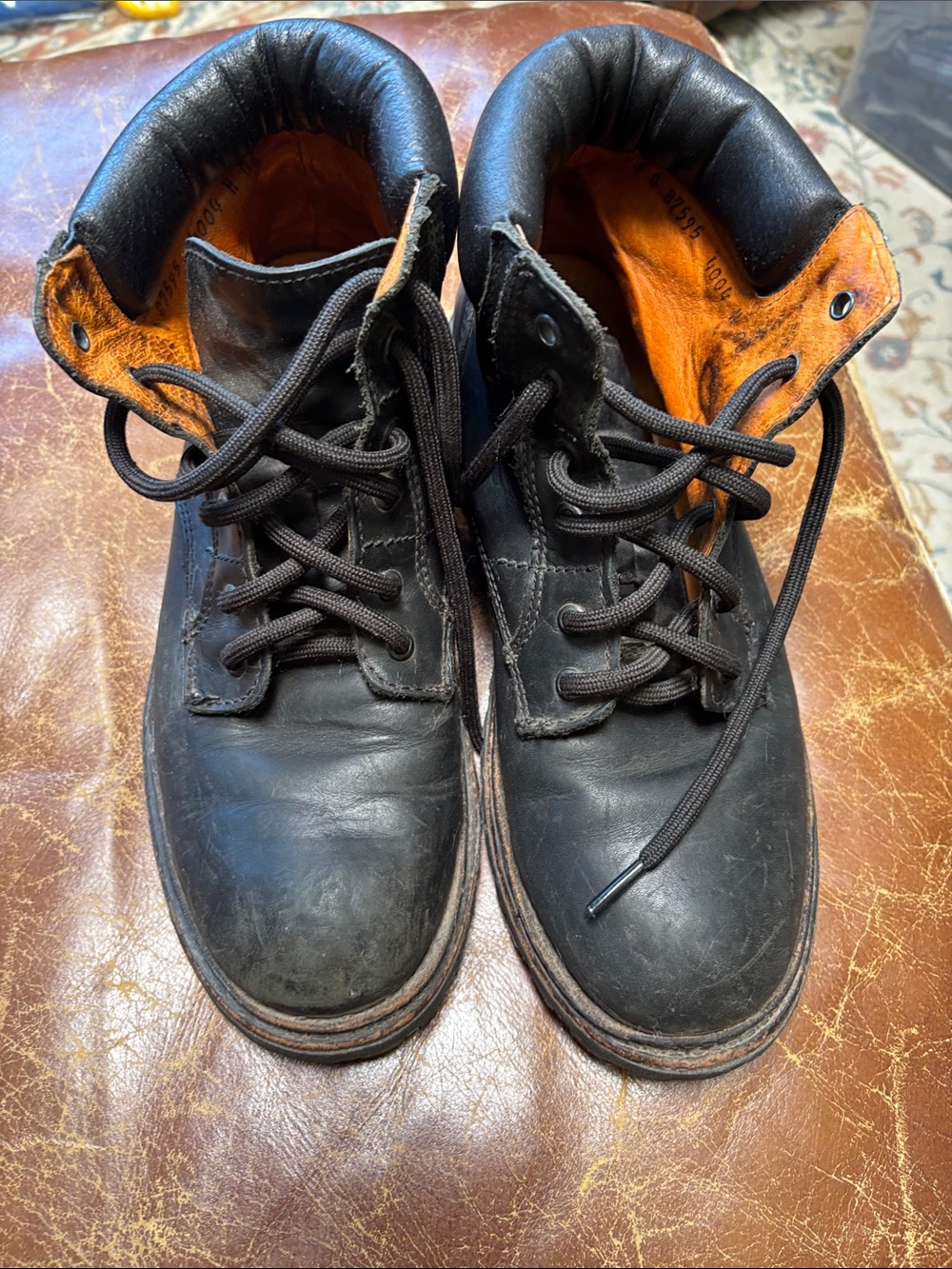 Frye Black Leather Lace-Up Boots with Orange Interior